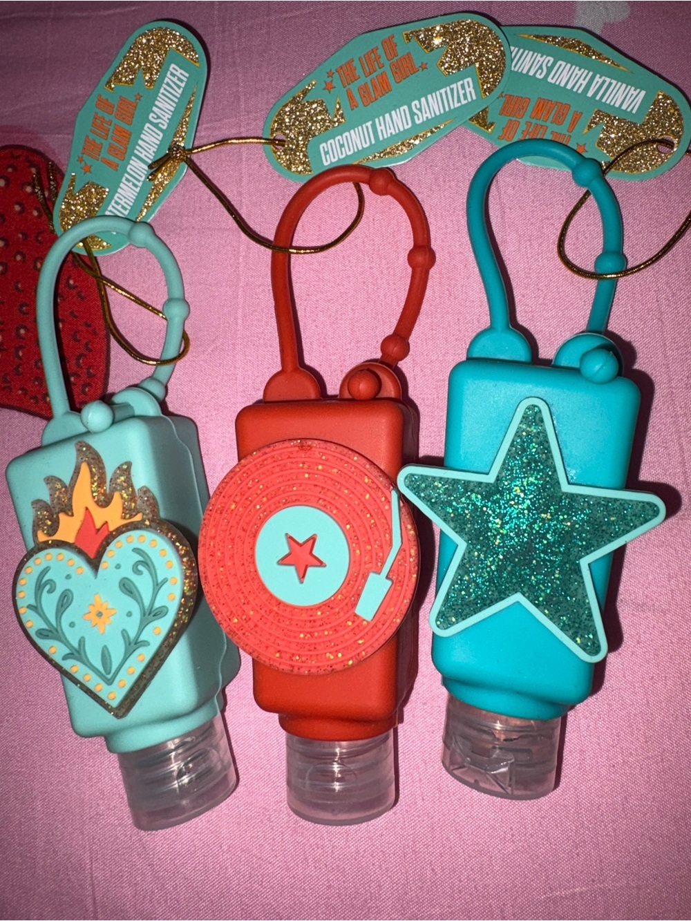 Hand Sanitizer Holder with Decorative Charm - Teal/Red -